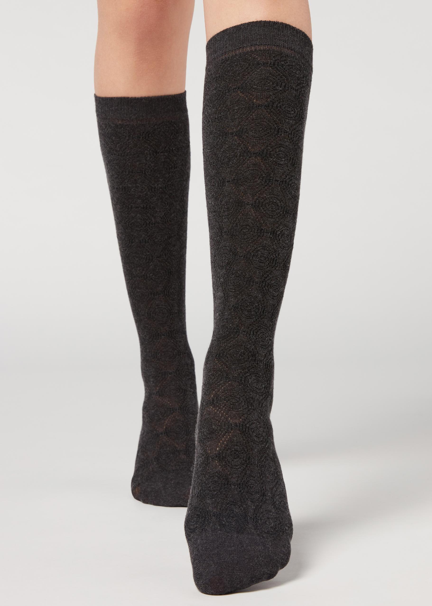 Charcoal Grey Romantic Knit Geometric Pattern Hold-Ups With Cashmere, Women - One-Size, , large image number 0