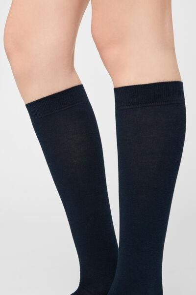 Blue Long Satin Cotton Socks, Blue, large image number 6