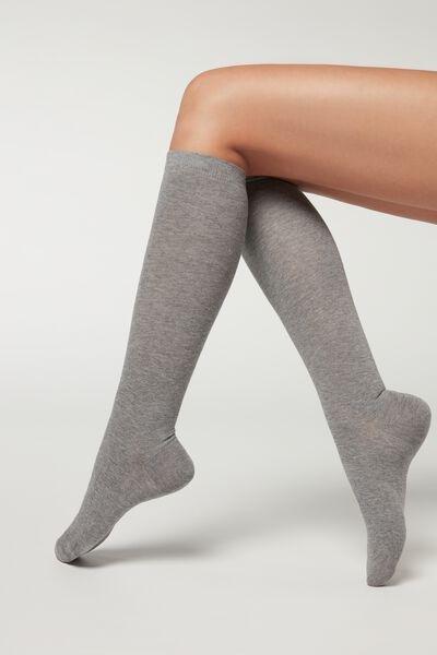 Calzedonia - Grey Blend Long Satin Cotton Socks - One-Size