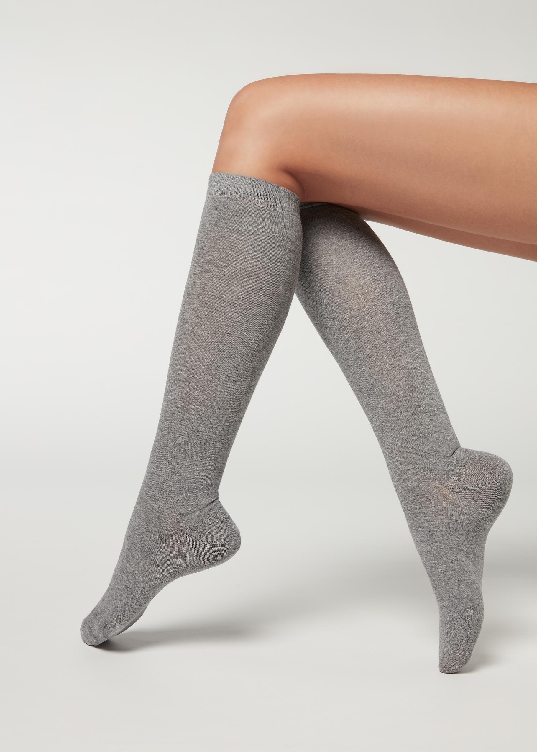 Calzedonia - Grey Blend Long Satin Cotton Socks - One-Size