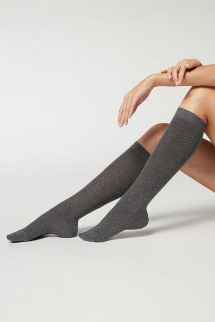 Calzedonia - Mid-Grey Blend Long Satin Cotton Socks, Women - One-Size