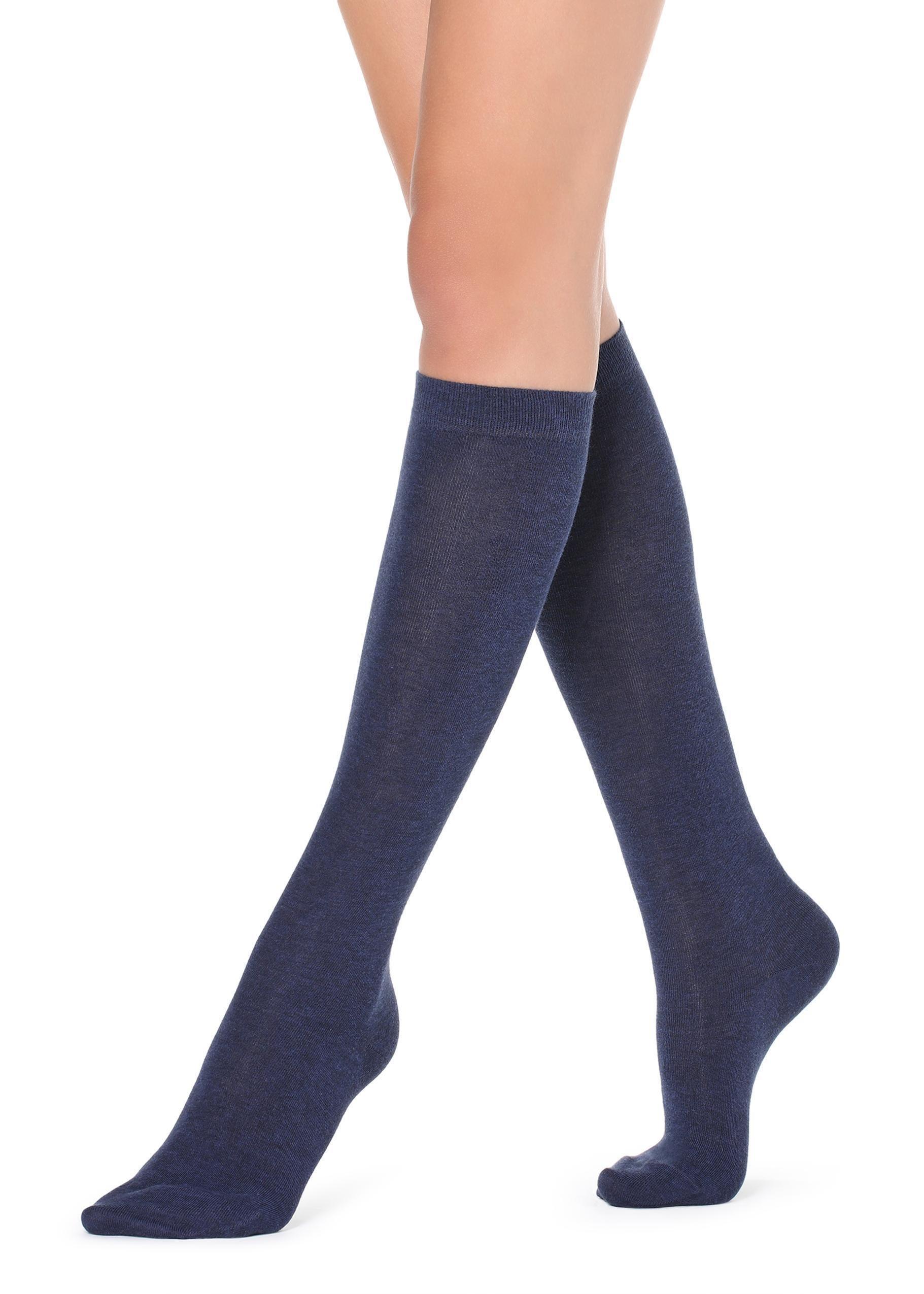جوارب قطنية طويلة من الساتان الأزرق الداكن ، للنساء - مقاس واحد, Dark Denim Blue, large image number 0