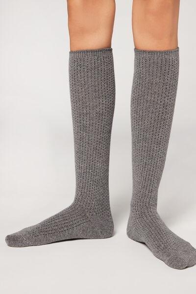 Grey Openwork Wool Long Socks, , large image number 0