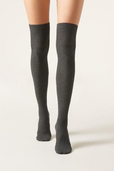 Grey Openwork Wool Over-The-Knee Socks, 5501_9550, large image number 1