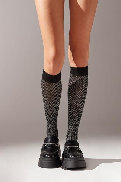Black Glitter Diamond-Patterned Long Socks, 5501_9917, large image number 0