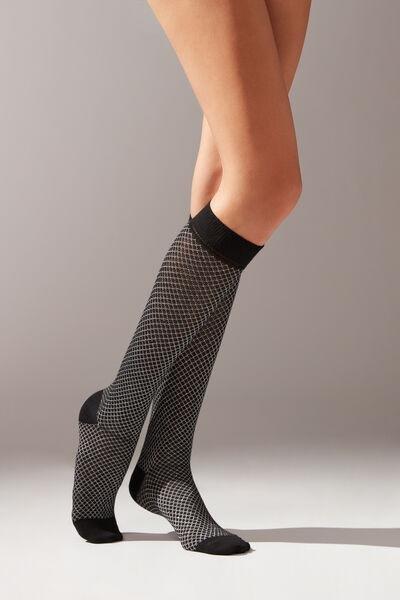 Black Glitter Diamond-Patterned Long Socks, 5501_9917, large image number 1