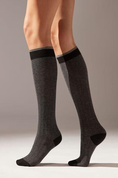 Black Glitter Herringbone-Patterned Long Socks, , large image number 0