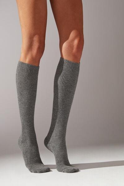 Grey Long Ribbed Cashmere Socks, , large image number 0