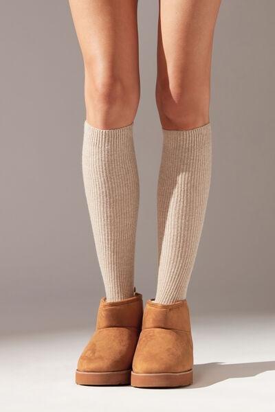 Beige Long Ribbed Cashmere Socks, , large image number 0