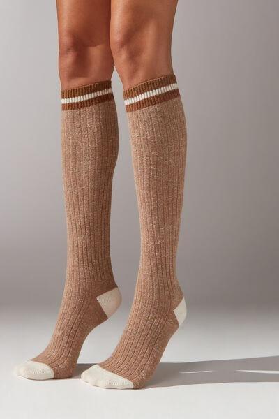 Beige Ribbed Wool Long Socks, , large image number 0
