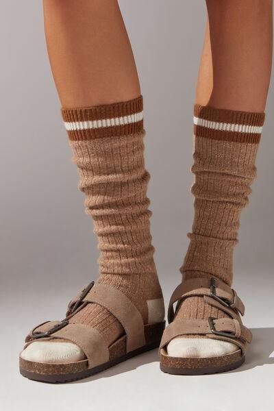 Beige Ribbed Wool Long Socks, , large image number 1