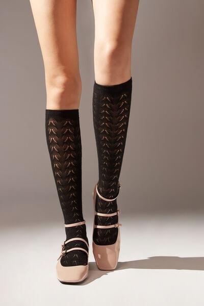 Black Openwork Mid-Calf Socks, , large image number 0