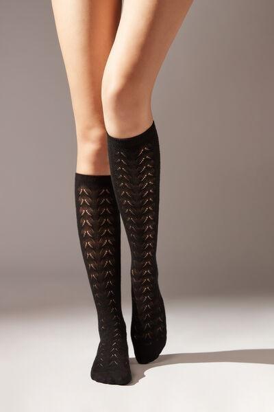 Black Openwork Mid-Calf Socks, , large image number 1