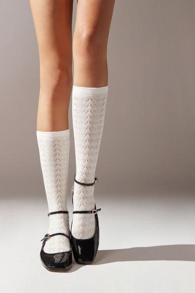 Cream Openwork Mid-Calf Socks, , large image number 0