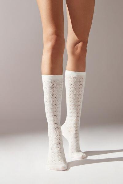 Cream Openwork Mid-Calf Socks, , large image number 1