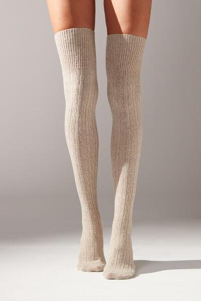 Beige Cable-Knit Cashmere Over-The-Knee Socks, , large image number 0