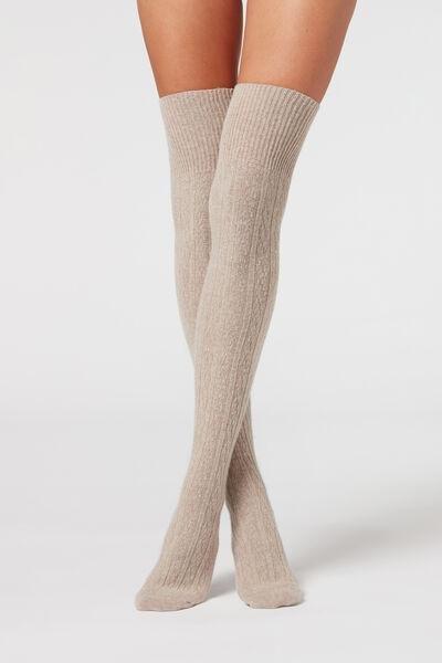 Beige Cable-Knit Cashmere Over-The-Knee Socks, , large image number 1