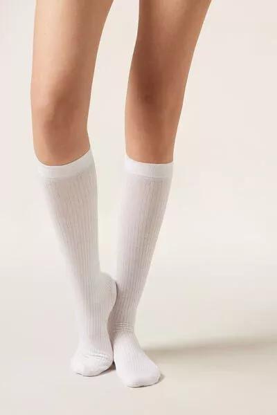 White Ribbed Long Cotton Socks, White, large image number 0
