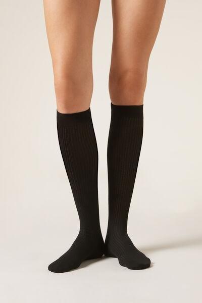 Black Ribbed Long Socks, Black, large image number 0