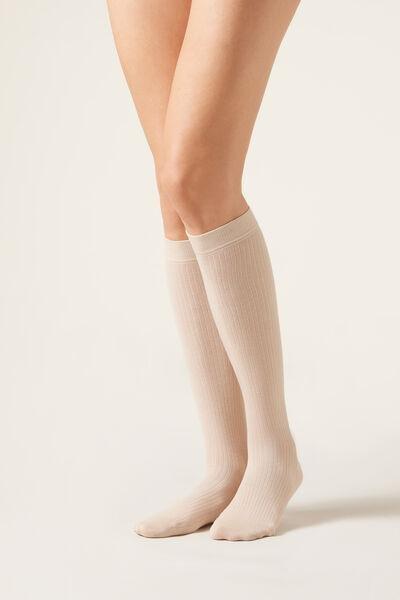 Beige Ribbed Long Socks, 5501_172D, large image number 0