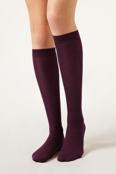 Burgundy Ribbed Long Socks, 5501_174D, large image number 1