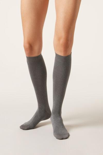 Grey Glitter Ribbed Long Socks, 5501_256D, large image number 1