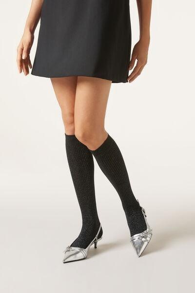 Black Glitter Ribbed Long Socks, 5501_293D, large image number 0