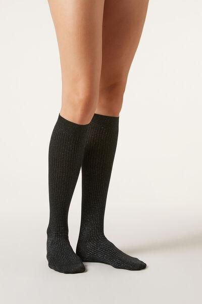 Black Glitter Ribbed Long Socks, 5501_293D, large image number 1