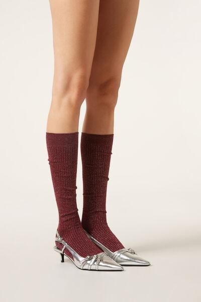 Burgundy Glitter Ribbed Long Socks, 5501_332D, large image number 0