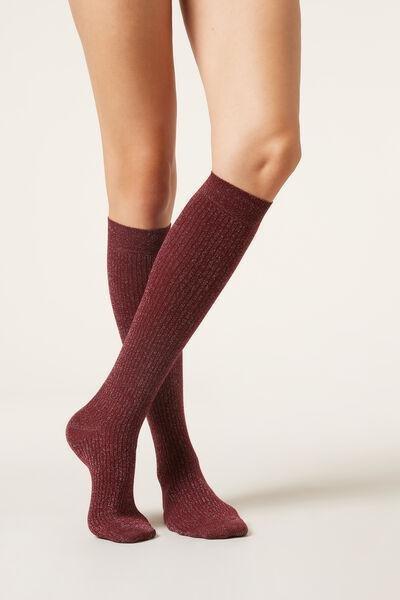 Burgundy Glitter Ribbed Long Socks, 5501_332D, large image number 1