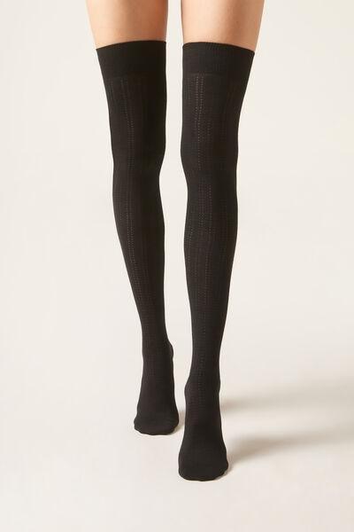 Black Cotton Over-The-Knee Socks, 5501_268D, large image number 1