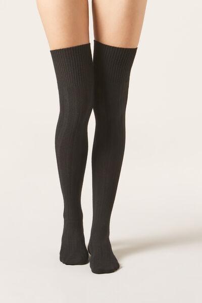Black Cashmere Patterned Over-The-Knee Socks, 5501_191D, large image number 0