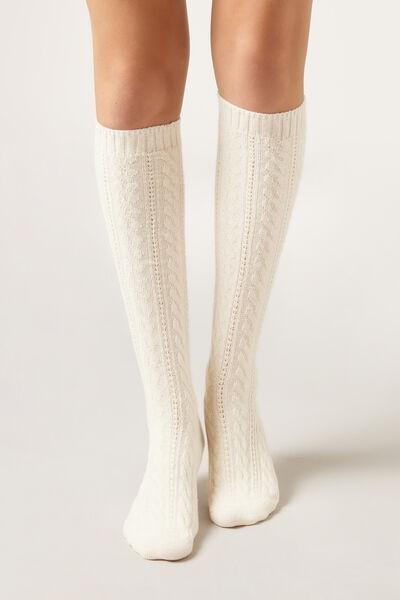 Cream Cable Pattern Long Cashmere Socks, 5501_208D, large image number 1