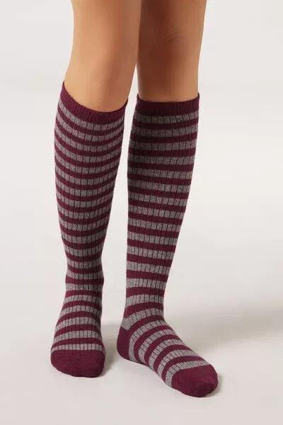 Grey / Burgundy Striped Long Cashmere Socks, 5501_519D, large image number 0