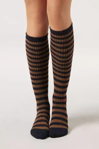 Brown Striped Long Cashmere Socks, 5501_520D, large image number 0