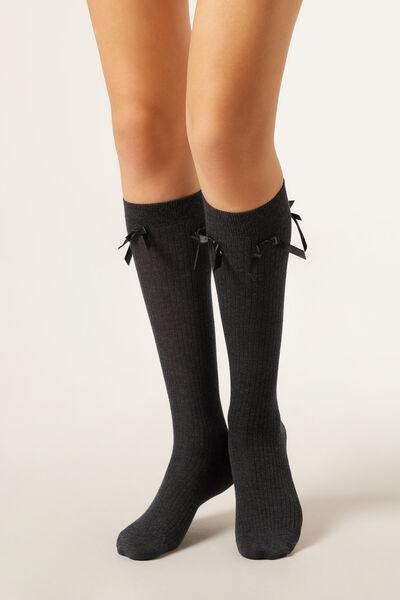 Grey Long Bow-Detail Cotton Socks, 5501_162D, large image number 0