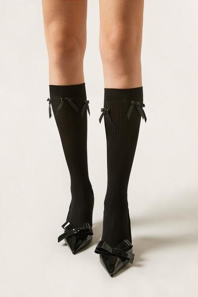 Black Bow-Detail Long Cotton Socks, 5501_460D, large image number 0