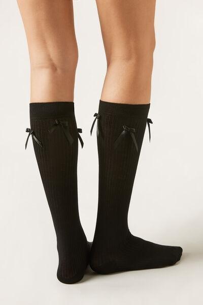 Black Bow-Detail Long Cotton Socks, 5501_460D, large image number 1