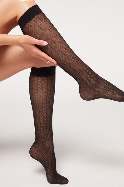 Black Vertical Argyle Diamond Pattern Eco Knee-Highs, 5501_5068, large image number 0