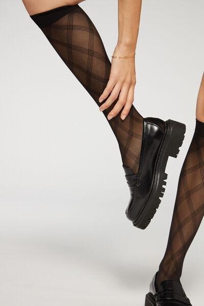 Black Eco Diamond-Patterned Mesh Knee-Highs Socks, 5501_5175, large image number 0