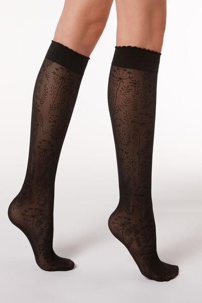 Black Floral-Patterned Mesh Hold-Ups Socks, Black Flowers, large image number 0