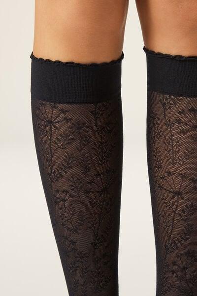 Black Floral-Patterned Mesh Hold-Ups Socks, Black Flowers, large image number 2