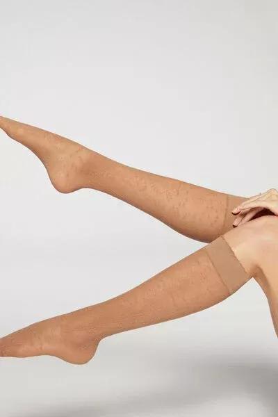 Beige Floral-Patterned Mesh Hold-Ups Socks, 5501_5179, large image number 0