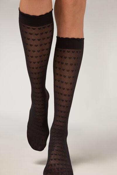 70 Denier Patterned Long Socks, Black, 5501_5257, large image number 1