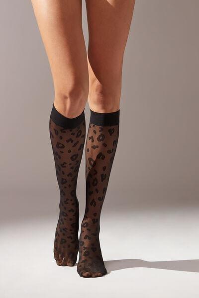 Black Animal Print Sheer Knee-High Socks, 5501_5270, large image number 1
