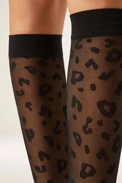 Black Animal Print Sheer Knee-High Socks, 5501_5270, large image number 3