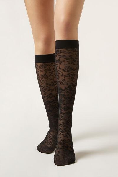 Black Floral Lace Knee-High Socks, 5501_4268, large image number 0