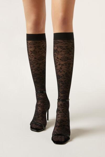 Black Floral Lace Knee-High Socks, 5501_4268, large image number 1