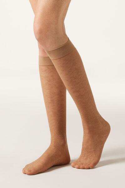 Beige Floral Lace Knee-High Socks, 5501_5454, large image number 0