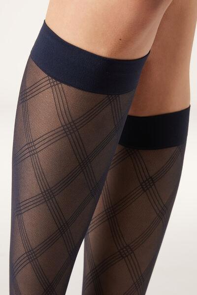50 Denier Knee-High Diamond-Patterned Socks, Navy, Blue Diamonds, large image number 1